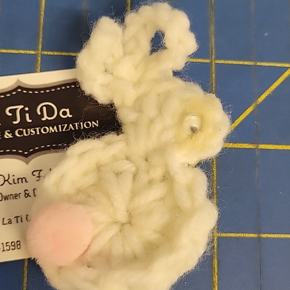 La Ti Da Handmade Creations Vintage White Crocheted Bunny 3" Pin Easter Spring